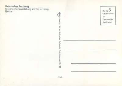 Festung Hohensalzburg — widok z Untersberg — wydawca Alfred Gründler, n° F 345 — Rewers