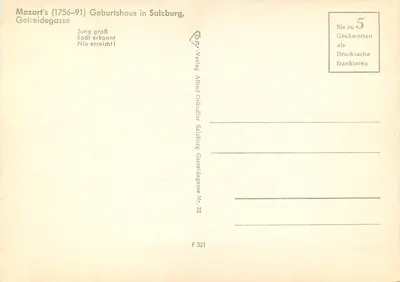 Mozartowska Wieża Narodzin — Salzburg, Getreidegasse — wydawca Alfred Gründler, n° 22 — Rewers