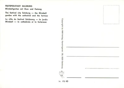Salzburgo — Jardim Mirabell com catedral e fortaleza — MM-Verlag, n° FS 40 — Verso