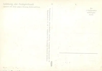 Salzburgo, a cidade dos festivais — Cidade Velha com vista para a fortaleza de Hohensalzburg — editor Lüco-Merkur, n° 60 — Verso