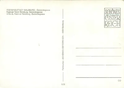 Salzburg — Getreidegasse — Miasto Festiwalowe Salzburg — wydawca SCHÖNES ÖSTERREICH, n° 5/35 — Rewers