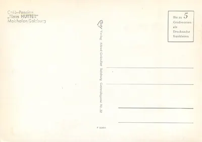 Pension 'Haus Hutter' — Maichofen/Salzburg — publisher Alfred Gründler, series No. 22 — Back