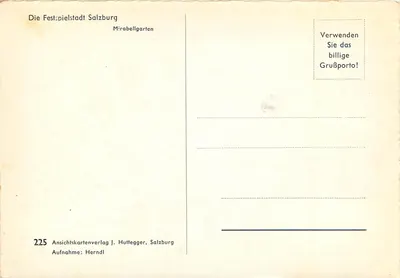 Salzburg — Mirabellgarten — Ansichtskartenverlag J. Huttegger, Salzburg, nr 225 — Rewers