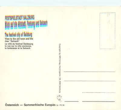 Salisburgo — Vista sulla città antica, la fortezza e la Salzach — MM-Verlag, FS 38 — Verso