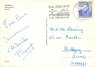 Salzburg — widok panoramiczny z zamekiem i mostem — Forbarkarten Steinmann, nr 42 — Rewers