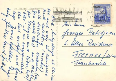 Salzburgo, Mirabellgarten — visão com castelo e fonte — editor C. Jiráschek, N° 529 — Verso