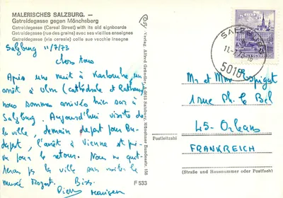 Salzburgo — Getreidegasse — editor COSY, n° F 533 — Verso