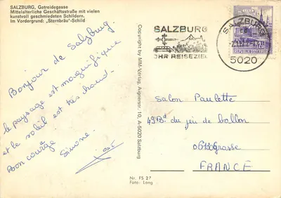 Salzburg — Getreidegasse — handlowa ulica z dawnymi znakami — wydawca MM-Verlag, nr FS 27 — Rewers