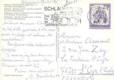 Salzburg — Ogród Mirabell ku katedrze i twierdzy Hohensalzburg — Schladnming, wydawca Schönes Österreich, nr 5/36 — Rewers