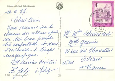 Salzburgo, Getreidegasse — vista da rua com lojas históricas — Bergwelt Verlag, n° S 368 — Verso