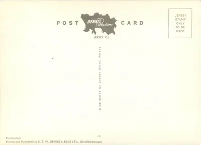 St. Catherine's Bay, Jersey, C.I. — widok portu z czerwoną żaglą — wydawca E. T. W. DENNIS & SONS LTD. — Rewers