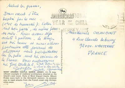 Castelo de Mont Orgueil — Jersey — editor Jarrold & Sons Ltd, N° J176 — Verso