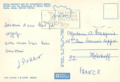 Petite Portelet e St. Catherine's Breakwater — vista a partir das Baterias de Mount Orgueil — editor N.P.O. Ltd. n° C2156 — Verso