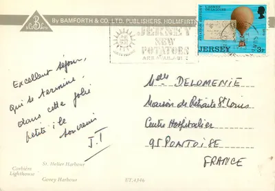 Jersey, Wyspy Kanalskie — widok latarni morskiej, portu i zamek — Bamforth & Co. Ltd. — Rewers