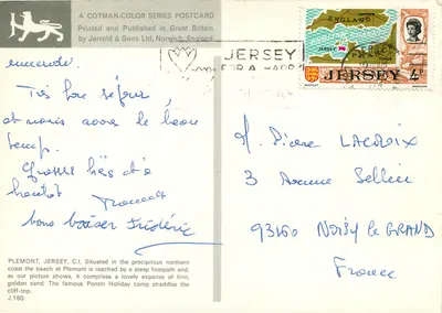 Plemont — praia de areia dourada — série Cotman-Color, Jarrold & Sons Ltd — Verso