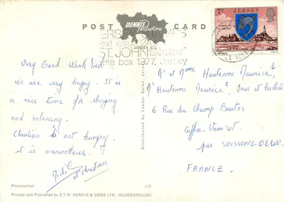 Havre des Pas — Corbière przy zachodzie słońca — Zamek Mont Orgueil — Pozdrowienia z JERSEY — Rewers
