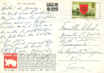 Jersey, C.I. — vista da fortaleza, praia e paisagem — John Hinde Limited, n° 2J43 — Verso