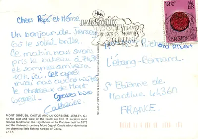 Mont Orgueil e farol de La Corbière — Jersey — editor Jarrow & Sons Ltd, Norwich — Verso