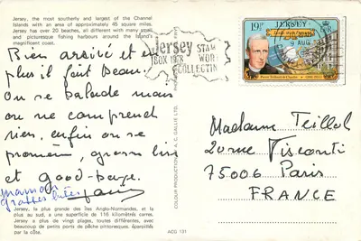 SAUDAÇÕES DE JERSEY — Castelo de Mont Orgueil, Porto de St. Aubins, Plemont, Rozel — A.C. Gallie Ltd. — Verso
