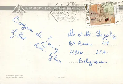 Jersey — Farol de Corbière e Castelo de Mont Orgueil — Bamforth & Co. Ltd. — Verso
