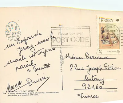 Greve de Lecq, Jersey — widok panoramiczny z wybrzeża i skał — A & J Wholesale, Jersey — Rewers