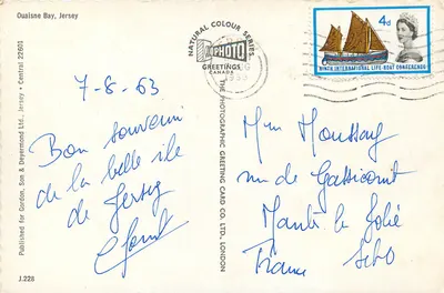 Baia di Ouaisne, Jersey — vista di spiaggia e scogliera — Pubblicato per Gordon, Son & Deyermond Ltd., Jersey — Verso
