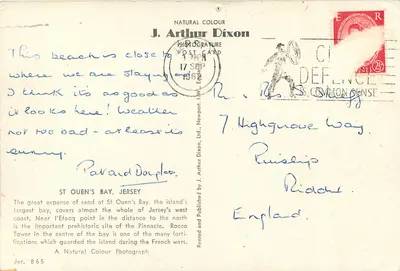 St Ouen's Bay, Jersey — vista da praia e do farol — J. Arthur Dixon, série 865 — Verso