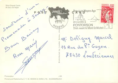 Bilhete postal moderno Saudações de Jersey — Castelo de Mont Orgueil de dia e de noite — Verso