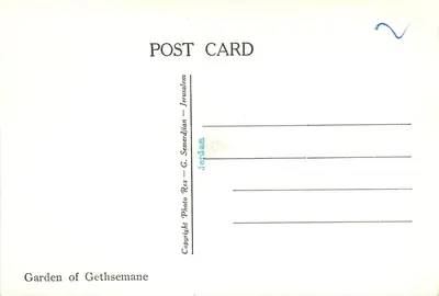 Ogród Getsemanek — Jerozolima — wydawca G. S. Rex — Rewers