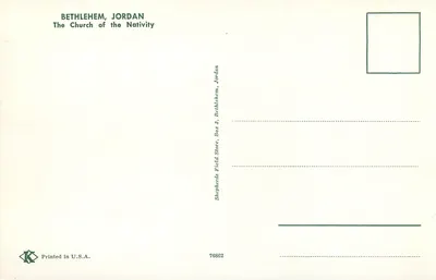 Betelém, Jordânia — A Natividade — editor Shepherd's Field Store, n° 76862 — Verso