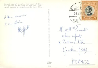 Jerusalém — vista geral desde o Monte dos Olivais — editor P.O. Box 438, Jerusalém — Verso