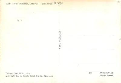 Gigantyczne tusze, Mombasa, Wschodnie wyjście do Afryki — Wydawnictwo Afryka Wschodnia, 1213, Frank Studio, Mombasa — Rewers