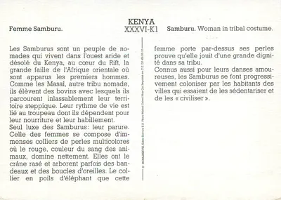 Mulher Samburu — Quênia — Editor: Michel Crève, n° XXXVI-K1 — Verso