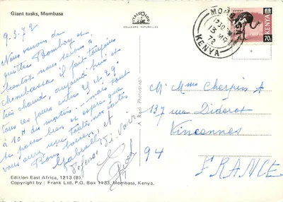 Gigantyczne tusze, Mombasa — wydanie Afryki Wschodniej, 1213 (B) — Frank Ltd. P.O. Box 1133, Mombasa, Kenia — Rewers
