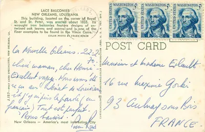Balconetes de renda — Nova Orleans, Louisiana — editor Frank Minor, n° J.157 — Verso