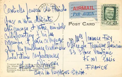 Widok z powietrza Miami — ok. 1970 — Amadeo P. Giannini Postcard Presenting — Rewers