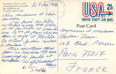 Doral Country Club — Fountains, flowers and towering palms surround the clubhouse — USA Postcard — Back