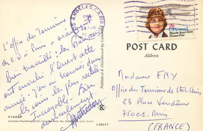 Los Angeles, Califórnia — vista aérea da cidade e das montanhas nevadas — Columbia Publishing, n° 4162SP — Verso