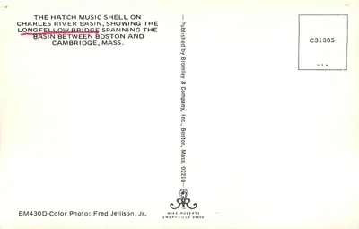 O Hatch Music Shell no lago do Charles — ponte Longfellow entre Boston e Cambridge — editor Bromley & Company, n° C31305 — Verso