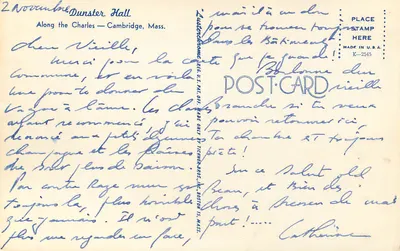 Dunster Hall — Ao longo do rio Charles — Cambridge, Mass. — Tichon Bros., Inc. Boston 15, Mass. — Verso