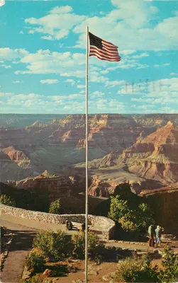 Parque Nacional do Grand Canyon — Vista do canyon com bandeira americana — VERSO : editor Verkamp's, texto impresso e correspondência a Paris