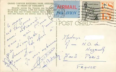 Parque Nacional do Grand Canyon — Vista do canyon com bandeira americana — VERSO : editor Verkamp's, texto impresso e correspondência a Paris — Verso