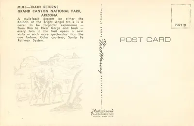 Grand Canyon — descida a cavalo em mulo — Santa Fe Railway System — Verso