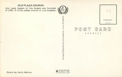 Old Plaza Church — Oldest Church In Los Angeles — Krieg Publishing Company — Back