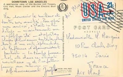 Downtown Los Angeles — vista das Bunker Hill Towers, City Hall e do Music Center — Krieg Publishing Company — Verso