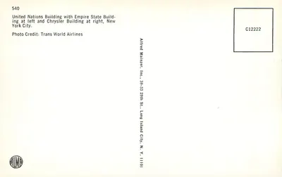 Vista di New York — Nazioni Unite, Empire State e Chrysler — Alfred Mainizer, Inc. — Verso