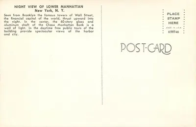 Nocny widok Lower Manhattan — Nowy Jork, N.Y. — wydawca POST-CARD, nr K99746 — Rewers