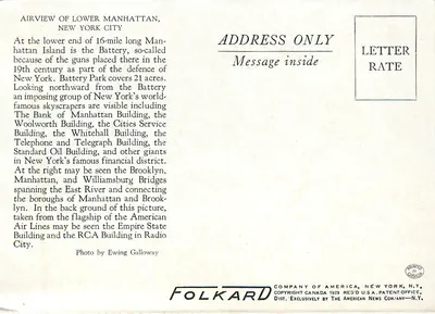 Visão aérea do Lower Manhattan, Nova York City — (101) — Folkard Company of America — Verso