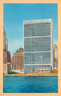 Sede das Nações Unidas e skyline de Midtown Manhattan — Foto por Ewing Galloway, N.Y. — Nacchia Card Company, 258 Broadway, New York, N.Y.