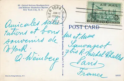 Sede das Nações Unidas e skyline de Midtown Manhattan — Foto por Ewing Galloway, N.Y. — Nacchia Card Company, 258 Broadway, New York, N.Y. — Verso
